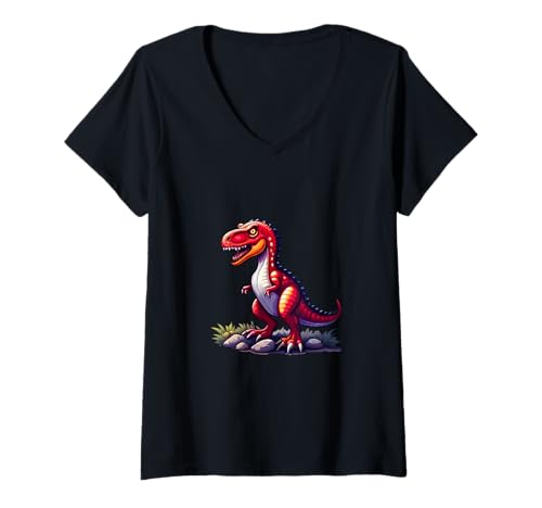 Damen Roter Dinosaurier T-Shirt mit V-Ausschnitt Damen Roter Dinosaurier T-Shirt mit V-Ausschnitt von Joyful Doodles