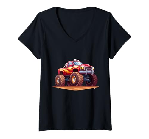 Damen Roter Monstertruck mit Flammen und großen Reifen T-Shirt mit V-Ausschnitt Damen Roter Monstertruck mit Flammen und großen Reifen T-Shirt mit V-Ausschnitt von Joyful Doodles