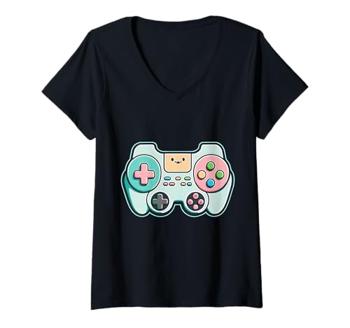 Damen Smiling Gaming Controller - Lustige Cartoon Gamer Art T-Shirt mit V-Ausschnitt Damen Smiling Gaming Controller - Lustige Cartoon Gamer Art T-Shirt mit V-Ausschnitt von Joyful Doodles