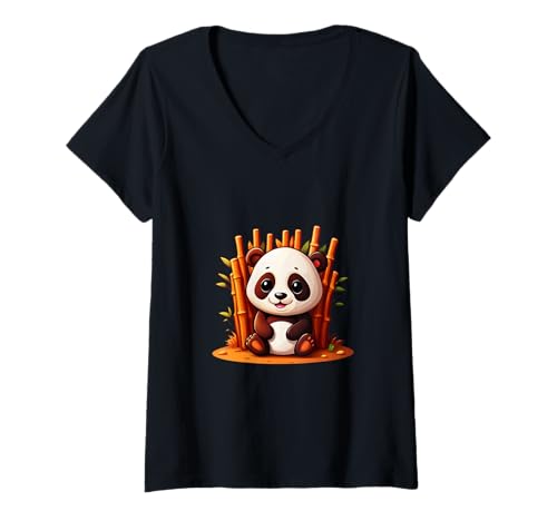 Damen Süßer Pandabär sitzend im Bambuswald T-Shirt mit V-Ausschnitt Damen Süßer Pandabär sitzend im Bambuswald T-Shirt mit V-Ausschnitt von Joyful Doodles