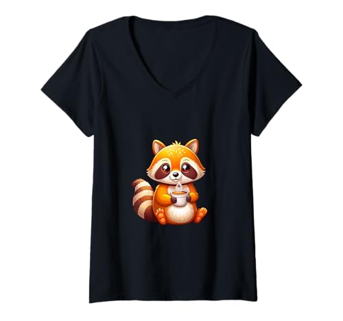 Damen Waschbär mit Kaffee - Herbstsaison T-Shirt mit V-Ausschnitt Damen Waschbär mit Kaffee - Herbstsaison T-Shirt mit V-Ausschnitt von Joyful Doodles