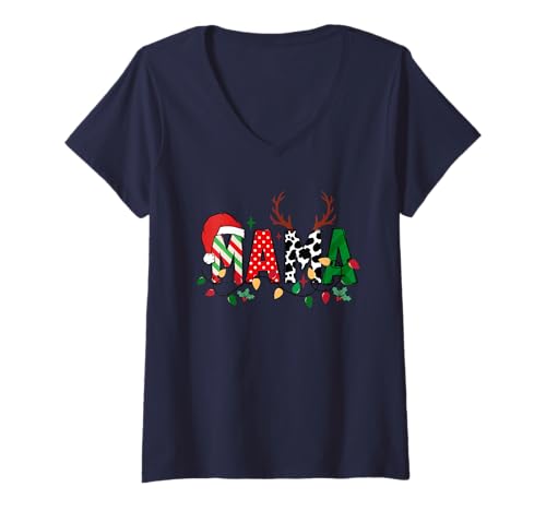 Damen Festive Mama Weihnachten Urlaub Kuh Druck und Lichter T-Shirt mit V-Ausschnitt Damen Festive Mama Weihnachten Urlaub Kuh Druck und Lichter T-Shirt mit V-Ausschnitt von Joyful Family Designs