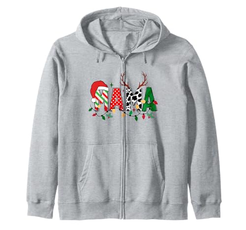 Festive Mama Weihnachten Urlaub Kuh Druck und Lichter Kapuzenjacke Festive Mama Weihnachten Urlaub Kuh Druck und Lichter Kapuzenjacke von Joyful Family Designs