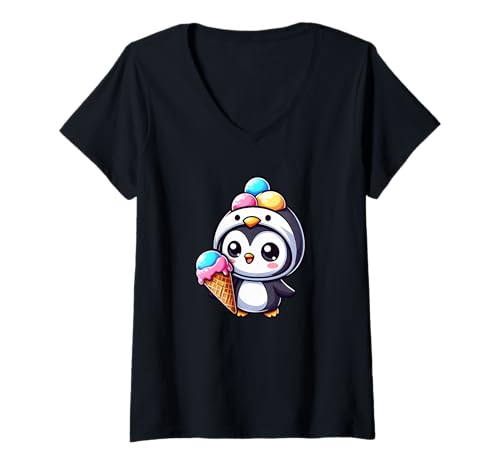 Damen Niedlicher Pinguin-EIS- und Sommer-Cartoon T-Shirt mit V-Ausschnitt Damen Niedlicher Pinguin-EIS- und Sommer-Cartoon T-Shirt mit V-Ausschnitt von Joyful Penguin Summer Cartoon Characters