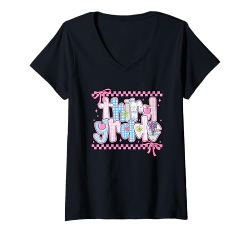 Damen Karierte Bänder mit Gingham-Blumen der dritten Klasse T-Shirt mit V-Ausschnitt Damen Karierte Bänder mit Gingham-Blumen der dritten Klasse T-Shirt mit V-Ausschnitt von Joyful School Adventures Third Grade