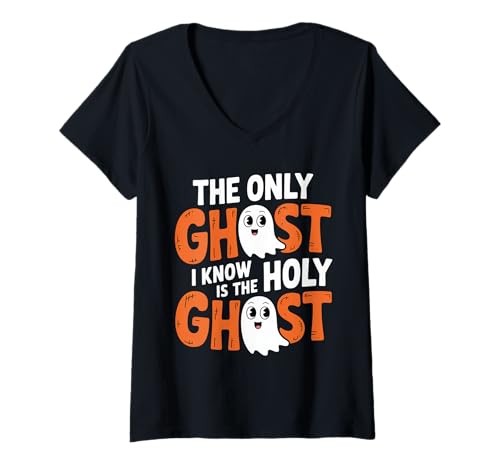 Damen Der einzige Geist, den ich kenne, ist der Heilige Geist Christian Halloween T-Shirt mit V-Ausschnitt Damen Der einzige Geist, den ich kenne, ist der Heilige Geist Christian Halloween T-Shirt mit V-Ausschnitt von Joyful Spirit Creations - Cute & Funny Halloween