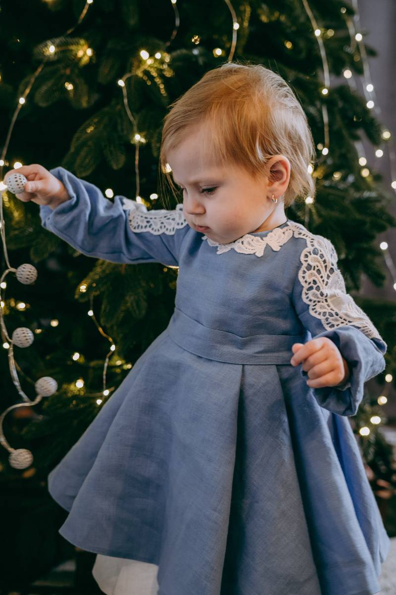Baby Weihnachten Leinenkleid Langarm Kleid Aus Spitze Boho Mädchen von JoyfulBrideDesign