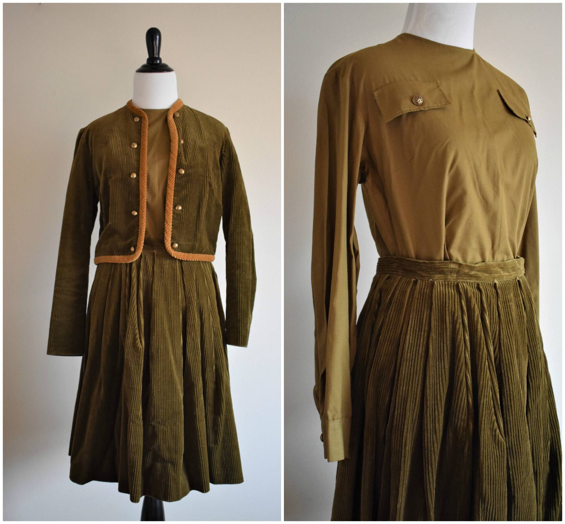 1950Er Vintage 3-Teiliges Olivgrünes Set Aus Jacke Und Rock | Reid & Sportswear Von Faye Robin Damengröße 0, Small/xs von JoyfulLifeVintage
