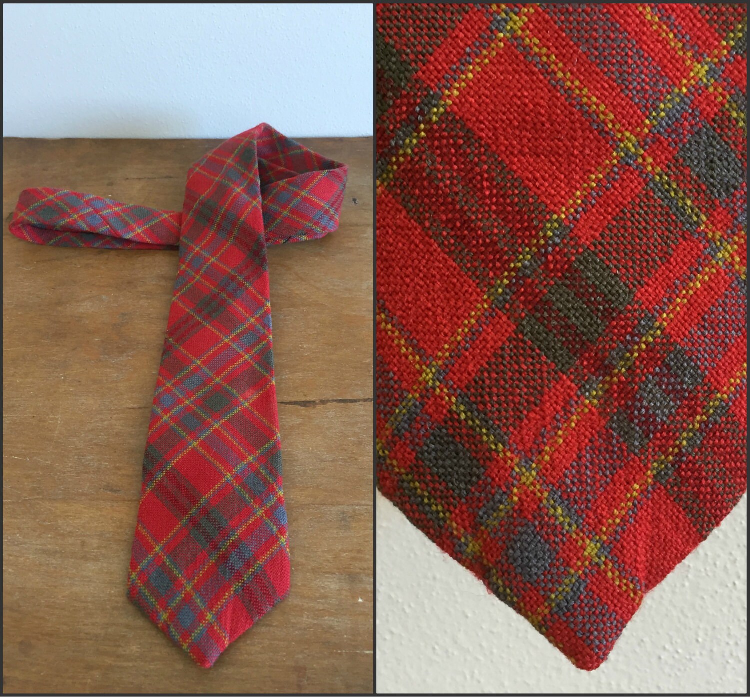 Vintage-Rot Und Grün Kariertes Hardy Amies London Krawatte/1970Er Jahren Polyester-Bindung von JoyfulLifeVintage