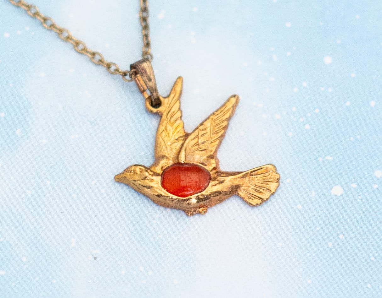 Vintage Goldene Vogel Rot Edelstein Halskette | Goldfarbene Kette 18 Zoll J4 von JoyfulVintageStore