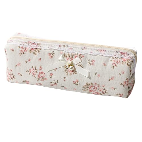 Bogen -Make -up -Tasche, Baumwoll -Stamm -Make -up -Tasche mit Reißverschluss, Spitzen- und Perlendesign süßes Bleistiftkoffer für Frauen Mädchen, 8, 7x2, 8x2 Kosmetikbeutel für Reisebereich von Joygoodta