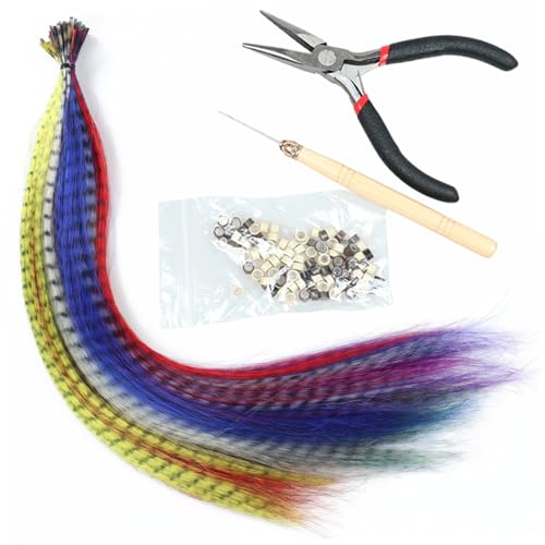 Haarfedern Extensions Kit für Frauen gemischte Farbe Lange gerade synthetische Haarfedern Mikroring Häkelhaken und Zelle für Cosplay -Kostüm -Party -Szene von Joygoodta