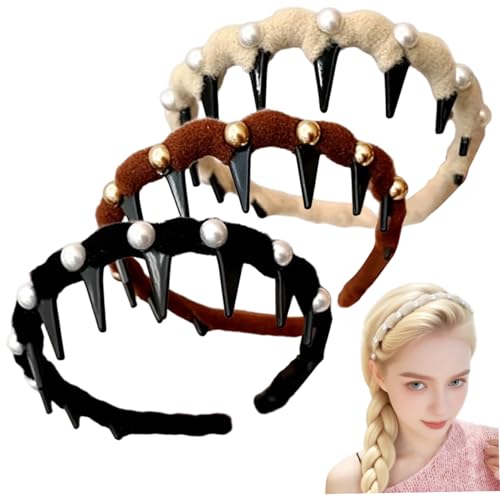 Hochschädelschriften-Stirnband 3pcs Vintage Nicht-Schlupf-Stirnbänder mit Perlenperlen Haar Reifs mit Zähnen für Frauen Mädchen tägliche Verschleiß-Datum Party Hochzeit von Joygoodta