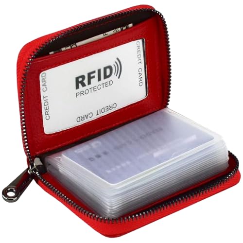 Joygoodta Kartenbeutel für Frauen RFID Blockieren 20 Schlitzkarte Brieftasche mit 2 visuellem Fenster Reißverschluss tragbar 4.5x3.4 Red Lederkartenhalter Brieftasche, Geschenke für Frauen von Joygoodta