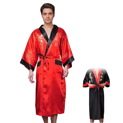 Joygoodta Kimono -Dressingkleider reversible Herren -Dressingkleider Leicht gestickte japanische Kimono -Robe mit Taillenkrawatte, Rot + Schwarz von Joygoodta