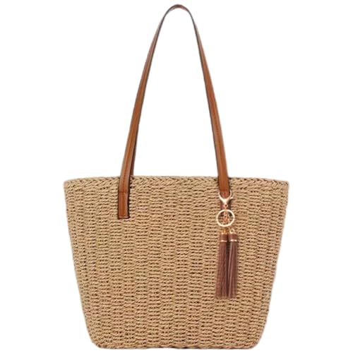 Joygoodta Strohstrandtasche für Frauen geflochtene einzelne Schulterstrohhandtaschen mit Quasten große Kapazität Crossbody -Sommertaschen für Urlaubsreise Seaside Khaki von Joygoodta
