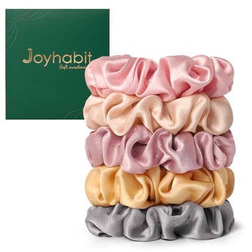 Joyhabit Haargummis aus Seide für Damen und Mädchen, Rosa, Gold und Grau, 5 Stück, 4 cm, haarfreundlich, niedlich und langlebig, ideal für Schlafenszeit und den täglichen Stil von Joyhabit