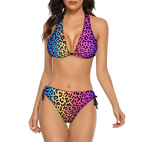 Joyidec Damen Bikini Sets Leopard Halfter String Triangel Badeanzug Bademode Badeanzug, Leopard Regenbogen Farbverlauf, Medium von Joyidec