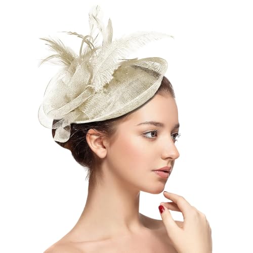 Fascinator Damen Haarschmuck mit Blume, Netz, Organzaband und Federn Cosplay Party (Cream) von Joyincoser