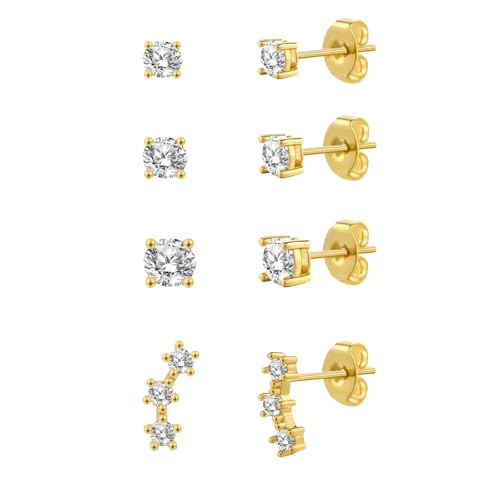 Joykee 3-4Paare Sterling Silber Ohrstecker Set für Frauen 15K Gold plattiert Ohrringe Stapel zierliche kleine Ohrstecker Sets für mehrere Piercings 14 von Joykee