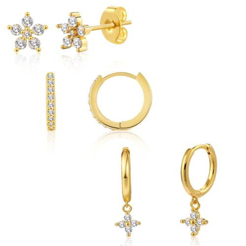 Joykee 3-4Paare Sterling Silber Ohrstecker Set für Frauen 15K Gold plattiert Ohrringe Stapel zierliche kleine Ohrstecker Sets für mehrere Piercings 8 von Joykee