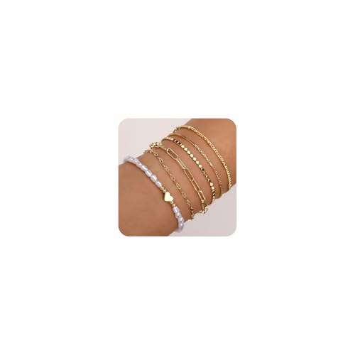 Joykee Bracelets for Women Trendy,14K Real Gold Plated Dainty Stackable Paperclip Cuban Link Chain Bracelets,Cuff Bracelets Jewelry Set Adjustable 3 von Joykee