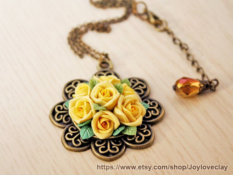 Anhänger Halskette, Handgemachte Blumen Antike Schmuck, Bronze, Polymer Ton Blume, Handgemachter Anhänger Halskette, Handgemachte Blumen Antike Schmuck, Bronze, Polymer Ton Blume, Handgemachter von Joyloveclay