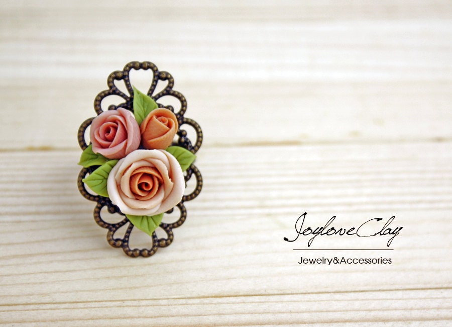 Beige Rose Verstellbar Ring, Blumen Vintage Schmuck, Bronze Beige Rose Verstellbar Ring, Blumen Vintage Schmuck, Bronze von Joyloveclay