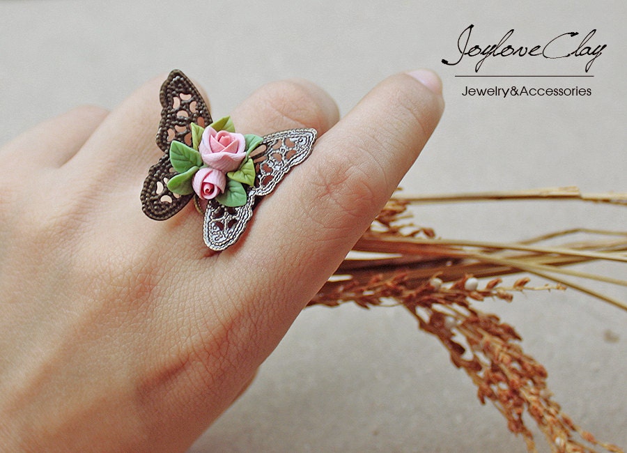 Schmetterling Und Blumen Ring, Vintage Schmuck, Bronze Schmetterling Und Blumen Ring, Vintage Schmuck, Bronze von Joyloveclay