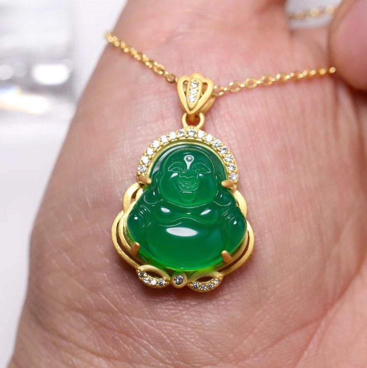 Schöne Smaragdgrün Jade Buddha Anhänger 18K Vergoldete Halskette Echte Reichtum Glück Schutz Sinne Des Wohlbefindens Geschenk Für Sie von Joymagtherapy