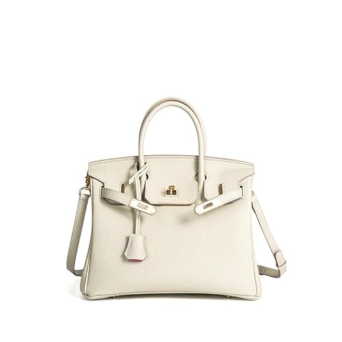 Handtasche aus echtem Leder – Damen Top-Grain Lychee-Muster High-End Lock verzierte Tasche, Perlgrau mit Rosa, Small 9.8" (L) * 5.1" (W) * 7.9" (H), Urban Simplicity von Joyous-u
