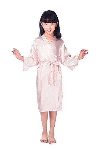 Joyplay Kinder Kids Satin Seide Kimono Robe Bademantel Morgenmantel Nachtwäsche für Spa Hochzeit glatte Satin Negligee Seidenrobe Schlafanzug Glanz Look kurz Rosa L von Joyplay