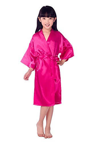 Joyplay Kinder Mädchen Kimono Aus Satin Seide Soft Robe Bademäntel Morgenmäntel Pyjamas Seidenrobe Nachthemden Nachtwäsche Seidenrobe kurz Rose L von Joyplay