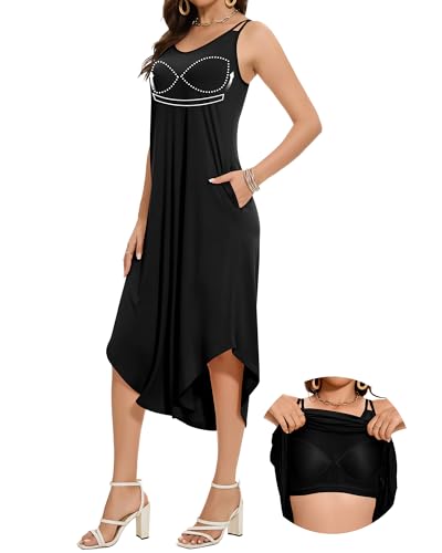JOYSHAPER Integrierter BH, Sommerkleid, Maxikleid, lässiges Sommerkleid, Strandkleid, Urlaubskleid mit Taschen, Pure Black, Klein von Joyshaper