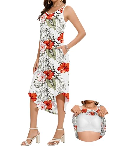 JOYSHAPER Integrierter BH, Sommerkleid, lässiges Sommerkleid, ärmellos, Strandkleid, Urlaubskleid mit Taschen, Grüner tropischer Druck, Groß von Joyshaper
