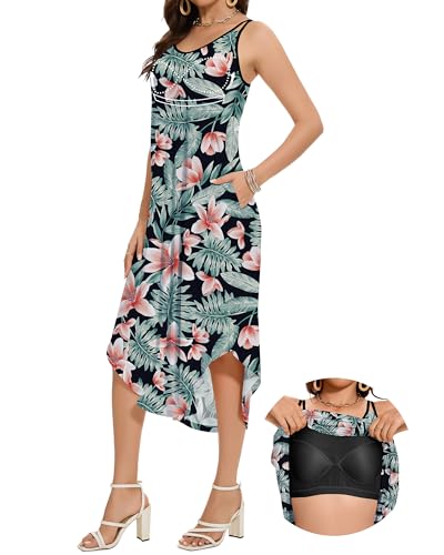 JOYSHAPER Integrierter BH, Sommerkleid, lässiges Sommerkleid, ärmellos, Strandkleid, Urlaubskleid mit Taschen, Rot/Blumenmuster, Mittel von Joyshaper