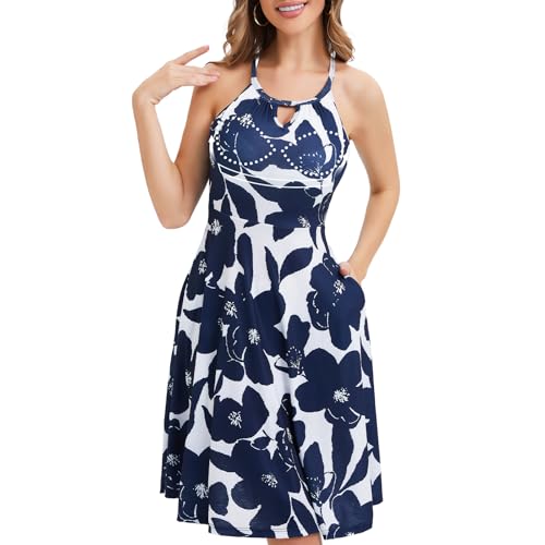 JOYSHAPER Integriertes BH-Sommerkleid, lässiges Strandkleid, fließendes Neckholder-Kleid mit Taschen, Marineblaue Blume, X-Groß von Joyshaper