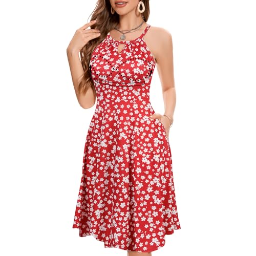 JOYSHAPER Integriertes BH-Sommerkleid, lässiges Strandkleid, fließendes Neckholder-Kleid mit Taschen, Rote, weiße Blume, Klein von Joyshaper