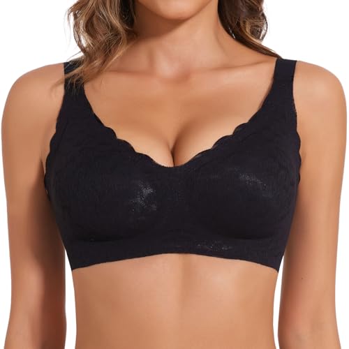 Joyshaper BH Damen Ohne Bügel Push Up Mit Spitze Gepolstert BH V Ausschnitt Bra Bequemer Bralette Schwarz,L von Joyshaper