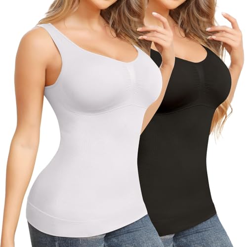 Joyshaper BH-Hemd Damen Bauchkontrolle Shaping Unterhemd Padded Top Figurformender Trägertop Gepolstert Bustier Nahtlose Camisole Kompressions-Tanktop Shirt Schwarz+Weiß XXL von Joyshaper