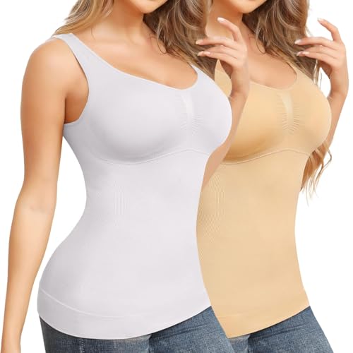 Joyshaper BH-Hemd Damen Bauchkontrolle Shaping Unterhemd Padded Top Figurformender Trägertop Gepolstert Bustier Nahtlose Camisole Kompressions-Tanktop Shirt Weiß+Beige 3XL von Joyshaper