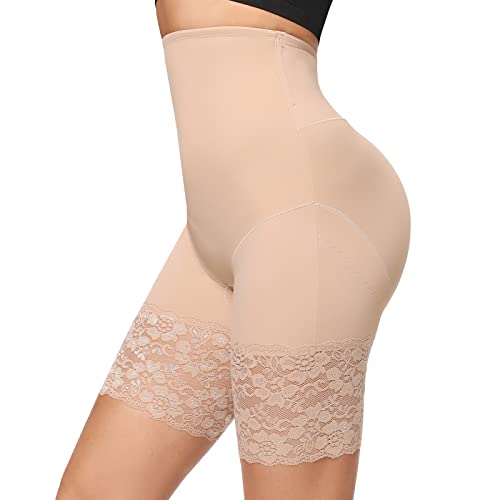 Joyshaper Damen Bauchweg Unterhose Spitze leggings Figurenformend Miederpants Miederhose Hohe Taille Bauchkontrolle Shorts Kurz Hose Unter Rock Unterwäsche Shapewear Beige,L von Joyshaper