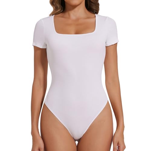 Joyshaper Body Damen Kurzarm Bodysuit Eckiger Ausschnitt Stringbody Elegant Damenbody Sommer Oberteil Tops T-shirts Weiß,L von Joyshaper