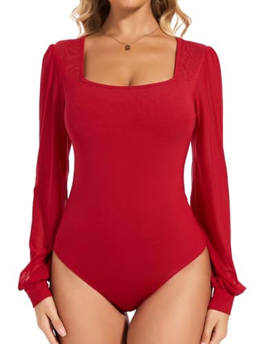 Joyshaper Body Damen Langarm Eckiger Ausschnitt Bodysuit Damenbody Blusen Elegant Mesh Puffärmel Stringbody Oberteil Shirts Rot,M von Joyshaper
