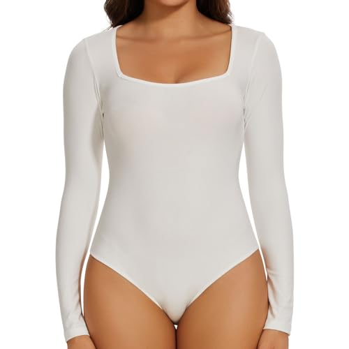 Joyshaper Body Damen Langarm Elegant Bodysuit Oberteil Damenbody Set Langarmshirt Sexy Stringbody Tops für Frauen Weiß/Eckiger Ausschnitt,XL von Joyshaper