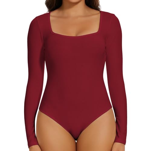 Joyshaper Body Damen Langarm Elegant Bodysuit Oberteil Damenbody Set Langarmshirt Sexy Stringbody Tops für Frauen Burgunderrot/Eckiger Ausschnitt,S von Joyshaper