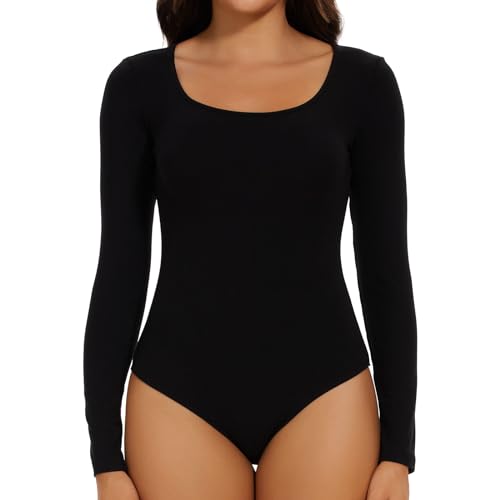 Joyshaper Body Damen Langarm Elegant Bodysuit Oberteil Damenbody Set Langarmshirt Sexy Stringbody Tops für Frauen Schwarz/U-Ausschnitt,M von Joyshaper