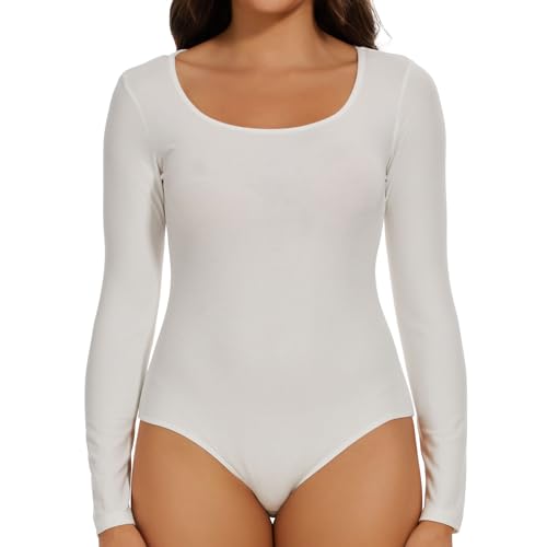 Joyshaper Body Damen Langarm Elegant Bodysuit Oberteil Damenbody Set Langarmshirt Sexy Stringbody Tops für Frauen Weiß/U-Ausschnitt,L von Joyshaper