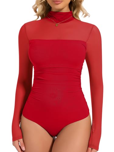 Joyshaper Body Damen Langarm Rollkragen Elegant Stehkragen Bodysuit Damenbody Oberteil Mesh Stringbody Langarmbody Rot,L von Joyshaper