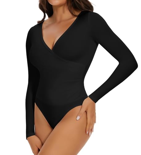 Joyshaper Body Damen Langarm Tiefer Ausschnitt Bodysuit Top Elegant Damenbody Rollkragen Sexy Dessous Stehkragen Oberteil Thong Tanga mit Druckknöpfe Casual Winter Unterwäsche Schwarz M von Joyshaper